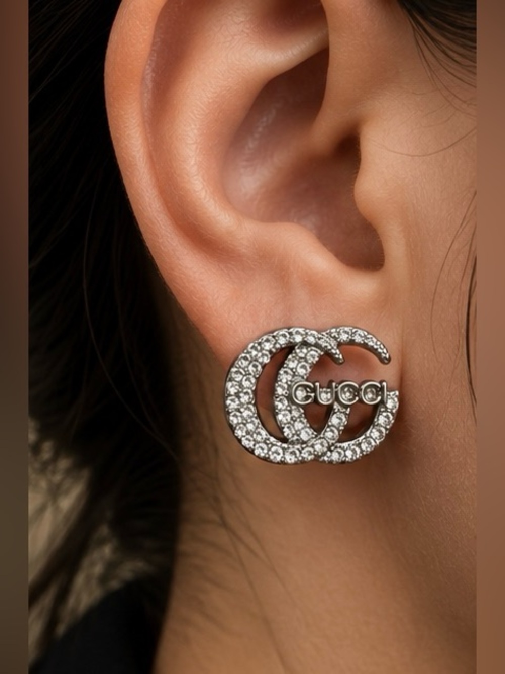 Silver Tone Crystal Double G Statement Stud Earrings Rhinestone Logo Style